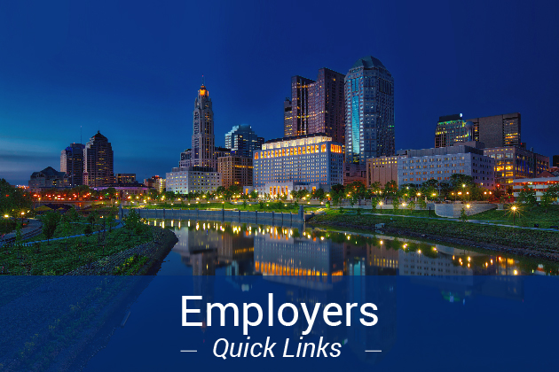 nightscape of downtown Columbus, OH with a blue box and white text on the bottom