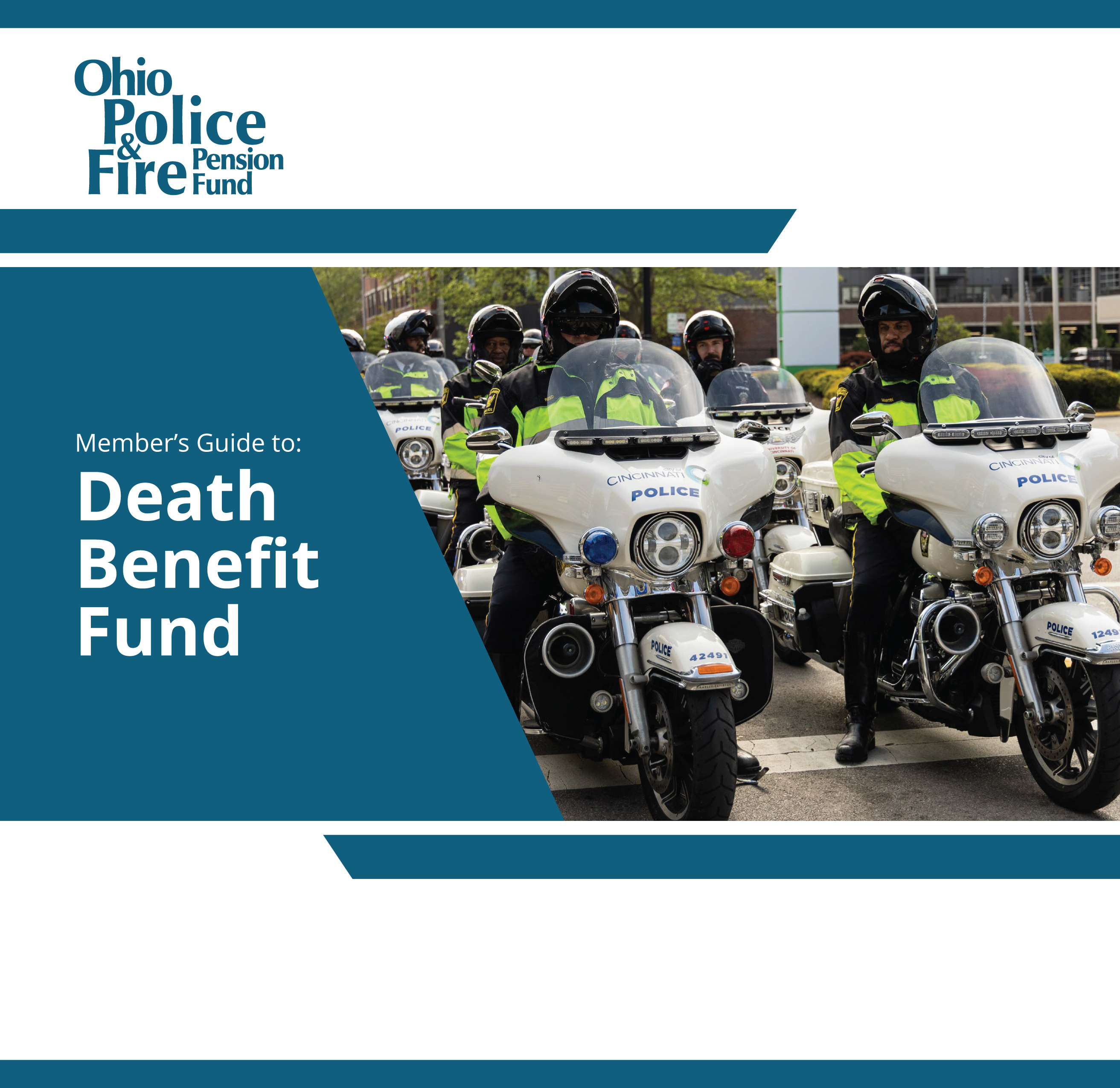 Death Benefit Fund guidebook cover in light blue with a group of police on motorcycles