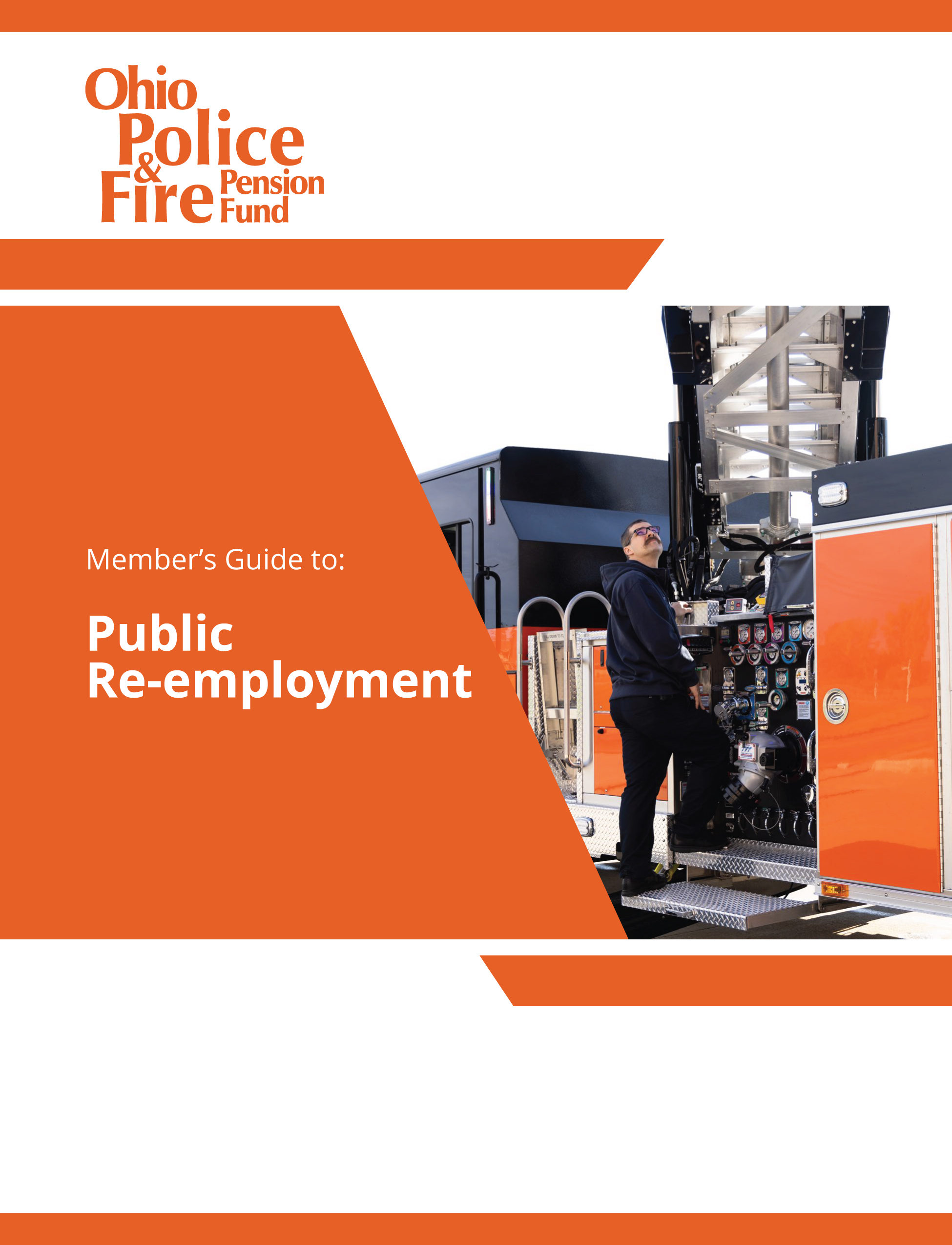 Public Re-employment guidebook cover in orange with a fire fighter on an orange fire truck