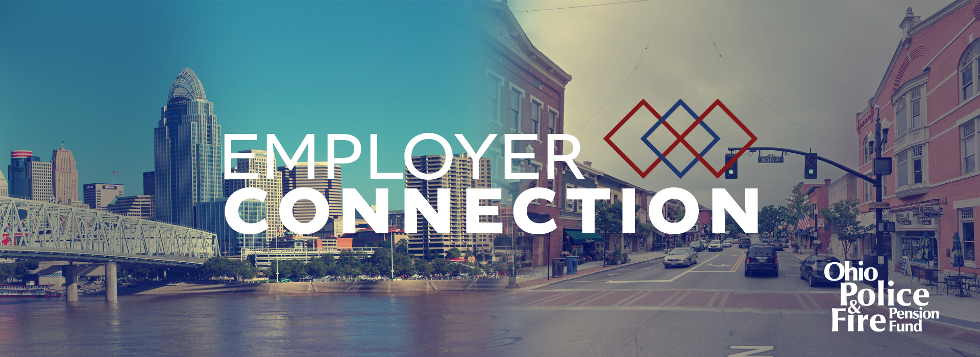 Two cityscapes with Employer Connection logo in the middle and the OP&F logo in white on the lower righthand side